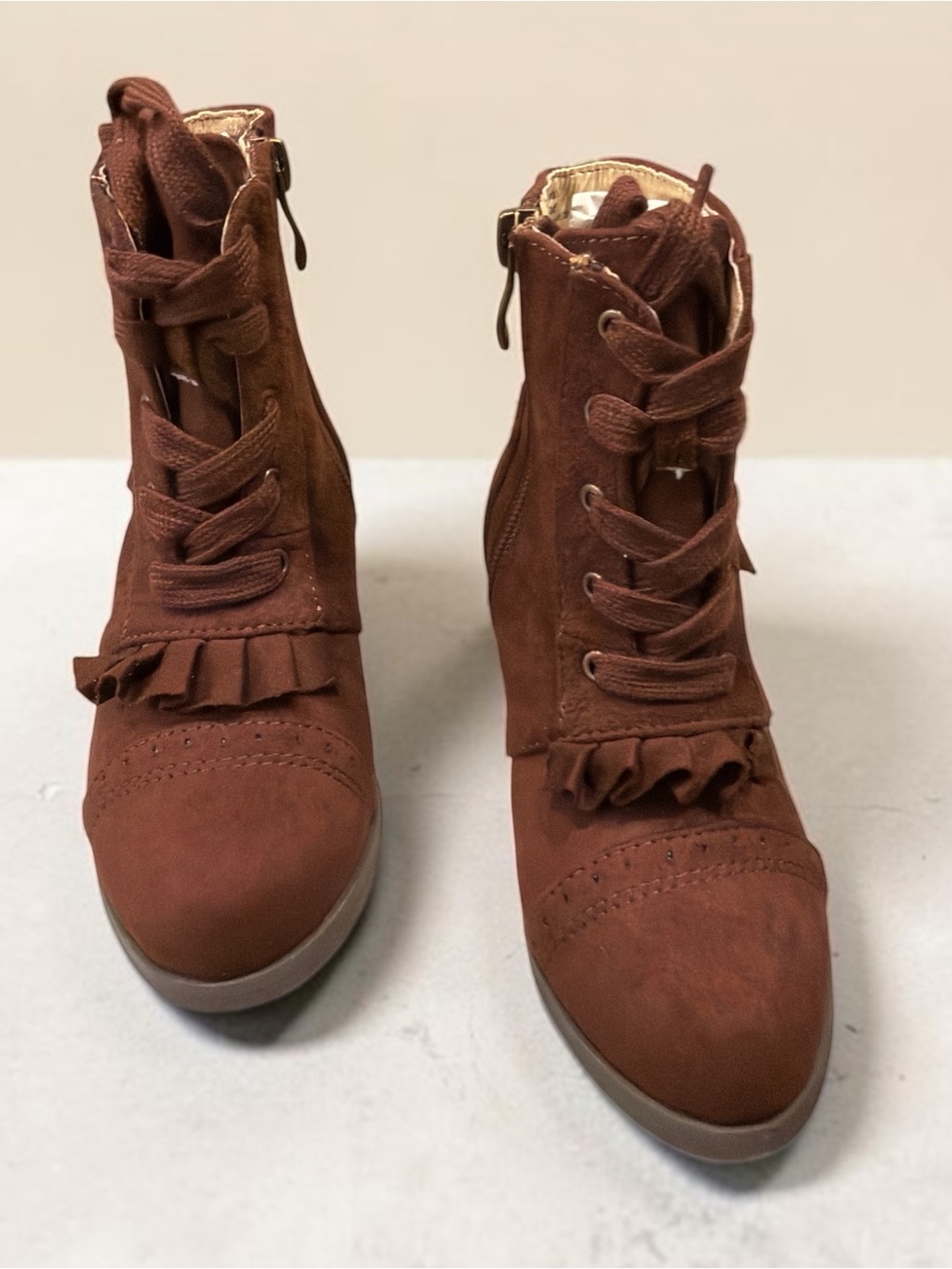 Girls Ruffle Lace-Up Ankle Boots in Brown